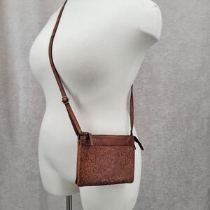 Leather Brown Embossed Floral Tooled Mini Crossbody Bag Purse